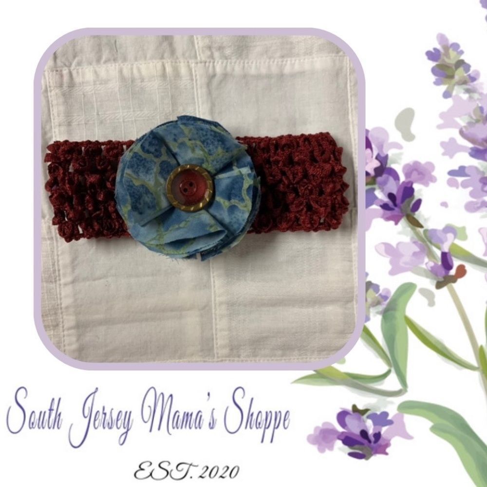 Handmade Infant Headband Burgundy Denim Blue & Green Flower Center Size Preemie